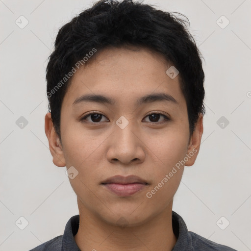 Neutral asian young-adult male with short  black hair and brown eyes