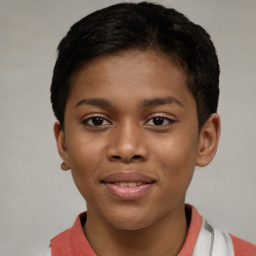 Joyful black child female with short  brown hair and brown eyes