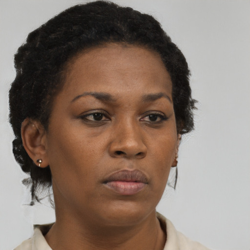 Neutral black young-adult female with short  brown hair and brown eyes
