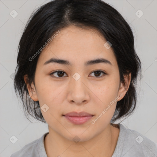 Neutral asian young-adult female with medium  black hair and brown eyes