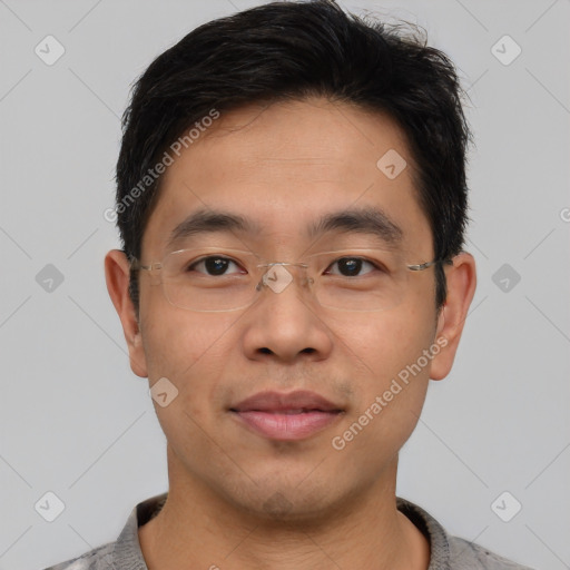 Neutral asian young-adult male with short  brown hair and brown eyes