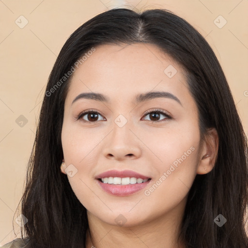 Joyful white young-adult female with long  black hair and brown eyes