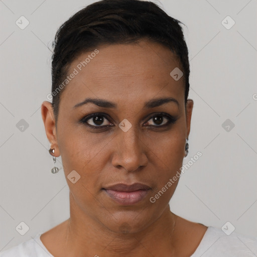 Neutral black young-adult female with short  brown hair and brown eyes