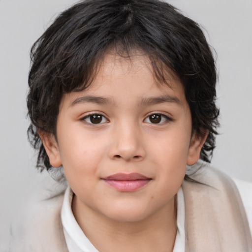 Joyful white child female with medium  brown hair and brown eyes