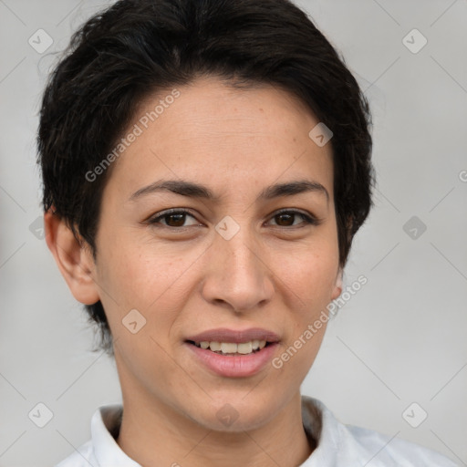 Joyful white young-adult female with short  brown hair and brown eyes