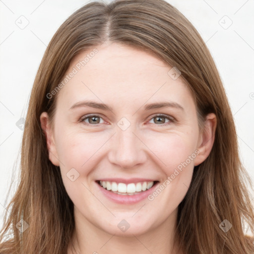 Joyful white young-adult female with long  brown hair and grey eyes