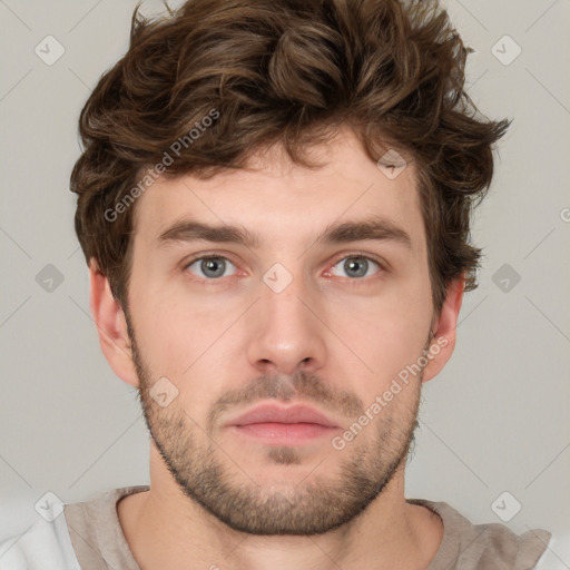 Neutral white young-adult male with short  brown hair and grey eyes