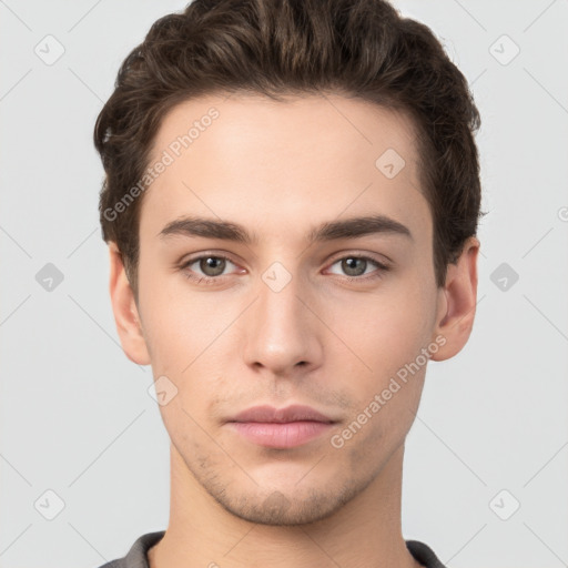 Neutral white young-adult male with short  brown hair and brown eyes