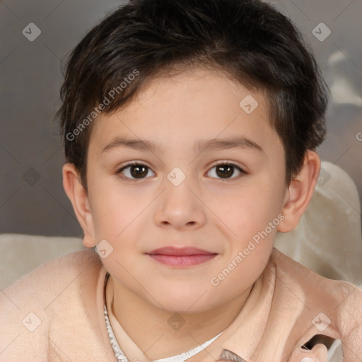 Joyful white child female with short  brown hair and brown eyes