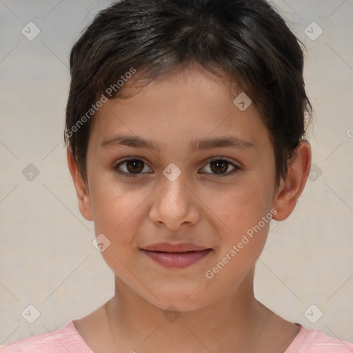 Joyful white child female with short  brown hair and brown eyes