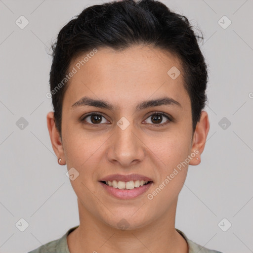 Joyful white young-adult female with short  brown hair and brown eyes