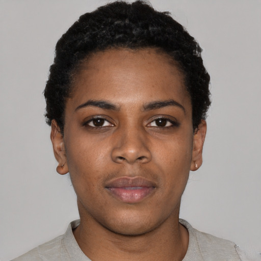 Neutral black young-adult female with short  black hair and brown eyes