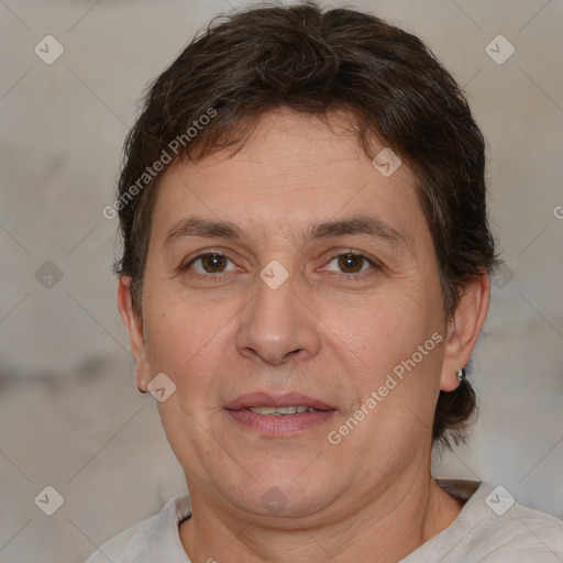 Joyful white adult female with short  brown hair and brown eyes