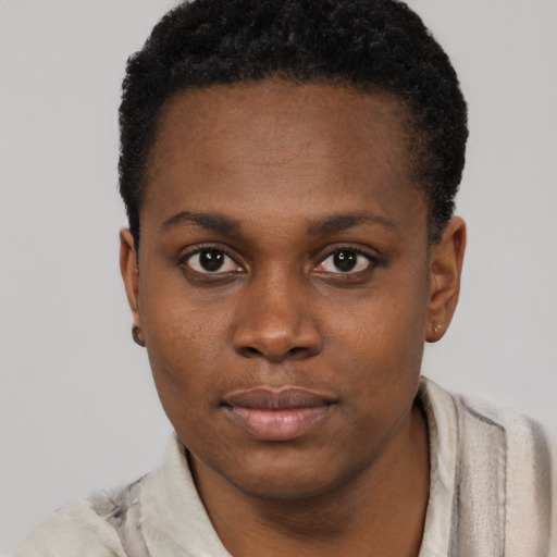 Neutral black young-adult female with short  black hair and brown eyes