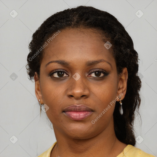 Neutral black young-adult female with short  black hair and brown eyes