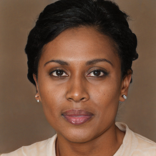 Joyful black young-adult female with medium  brown hair and brown eyes