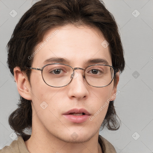 Neutral white young-adult female with medium  brown hair and grey eyes