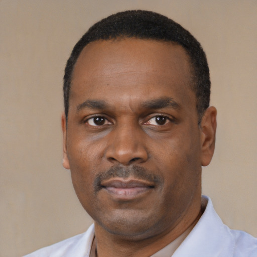 Neutral black adult male with short  black hair and brown eyes