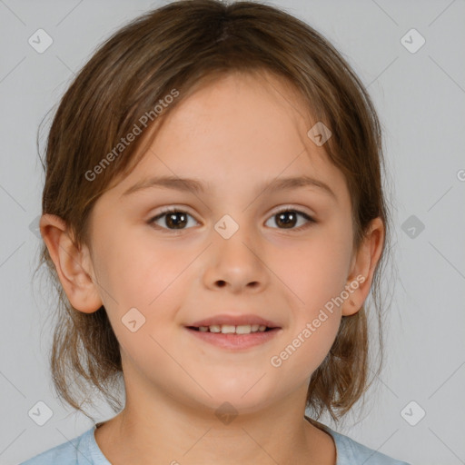 Joyful white child female with medium  brown hair and brown eyes