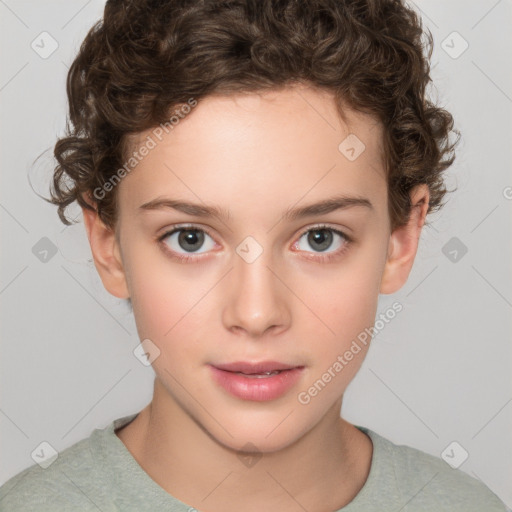 Joyful white child female with short  brown hair and brown eyes