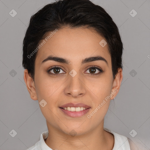 Joyful white young-adult female with short  brown hair and brown eyes