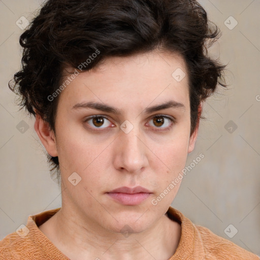 Neutral white young-adult female with medium  brown hair and brown eyes