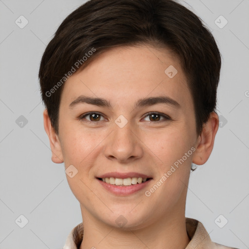 Joyful white young-adult female with short  brown hair and brown eyes