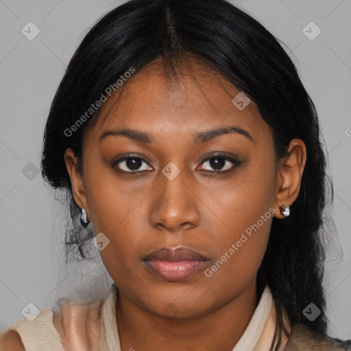 Neutral asian young-adult female with medium  black hair and brown eyes