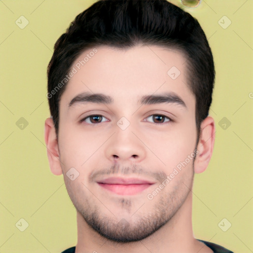 Joyful white young-adult male with short  black hair and brown eyes