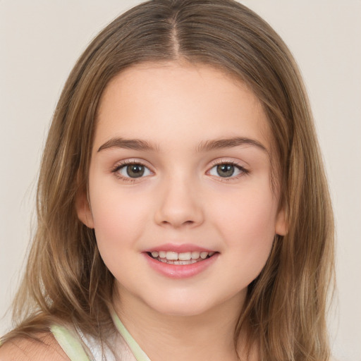 Joyful white child female with medium  brown hair and brown eyes