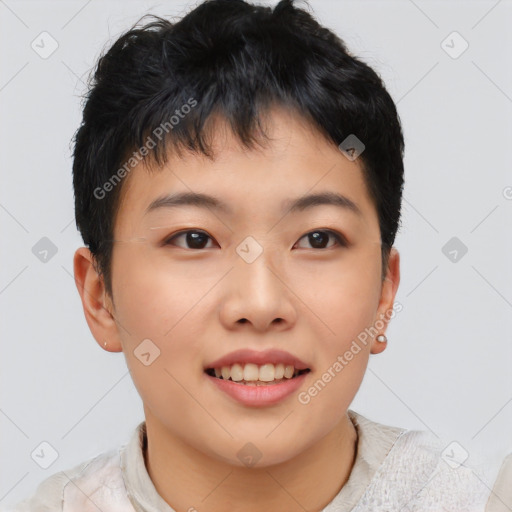 Joyful asian young-adult female with short  brown hair and brown eyes