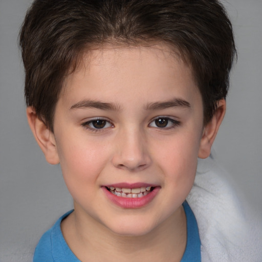 Joyful white child female with short  brown hair and brown eyes