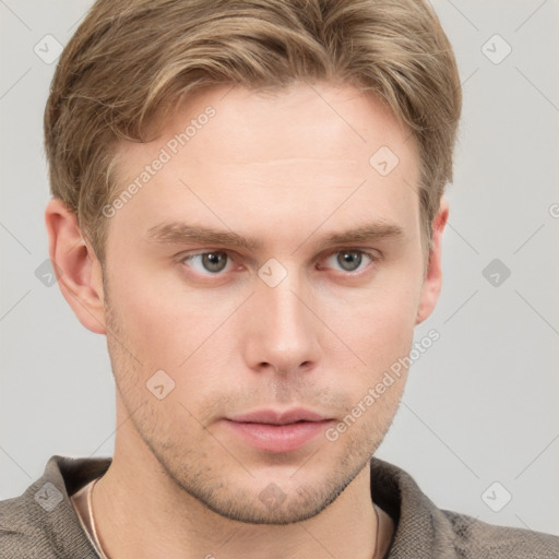 Neutral white young-adult male with short  brown hair and grey eyes