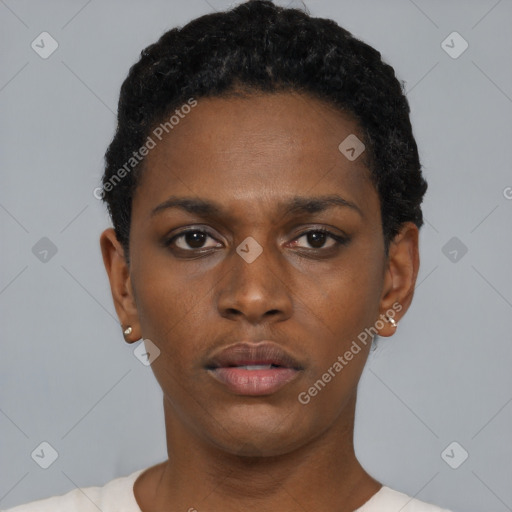 Neutral black young-adult female with short  black hair and brown eyes