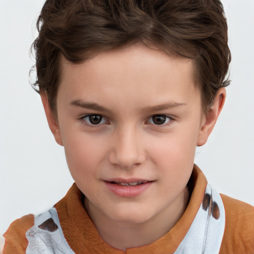 Joyful white child female with short  brown hair and brown eyes