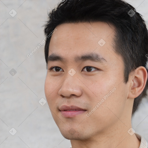 Neutral asian young-adult male with short  black hair and brown eyes