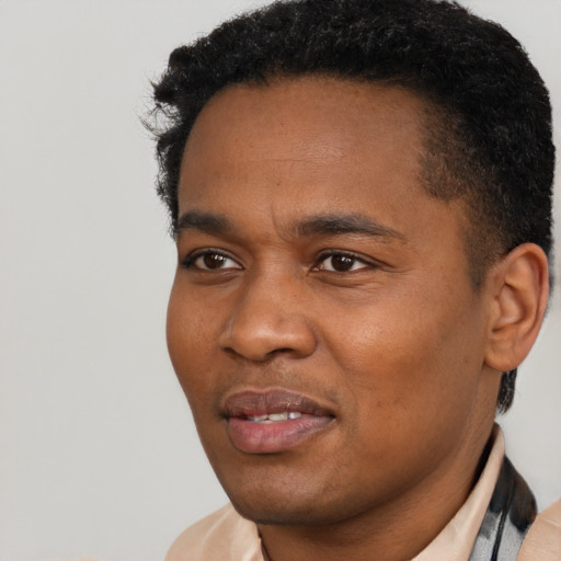 Joyful black young-adult male with short  black hair and brown eyes