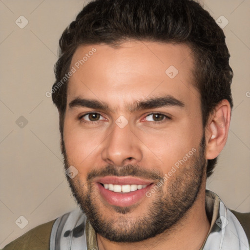 Joyful white young-adult male with short  brown hair and brown eyes