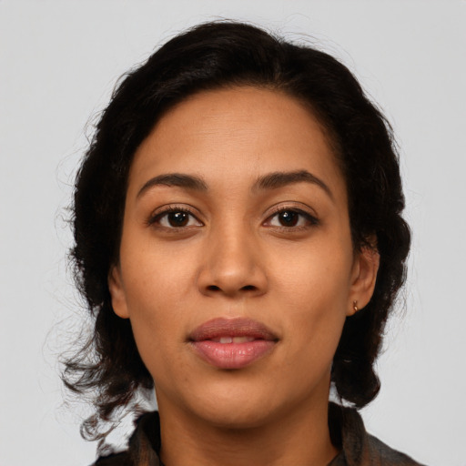 Neutral latino young-adult female with medium  brown hair and brown eyes