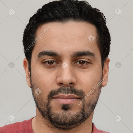 Neutral white young-adult male with short  black hair and brown eyes