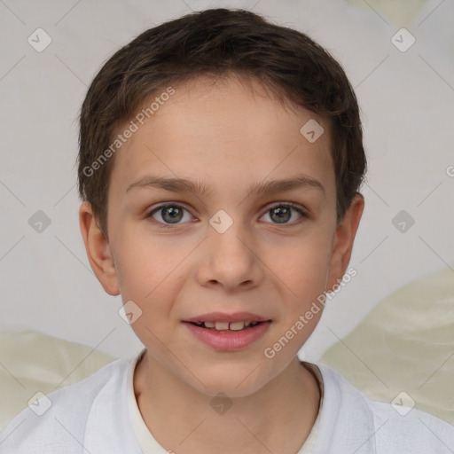 Joyful white child female with short  brown hair and brown eyes