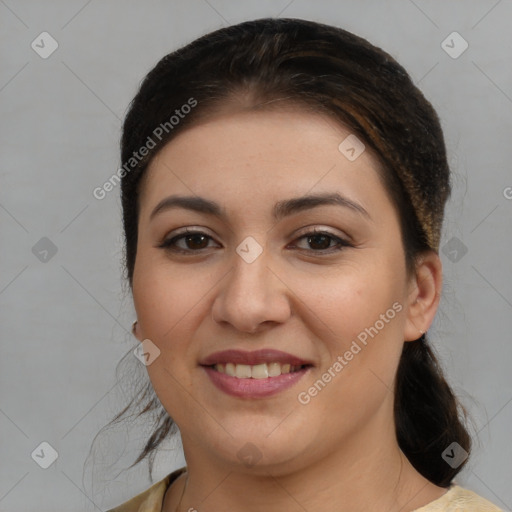 Joyful white young-adult female with medium  brown hair and brown eyes