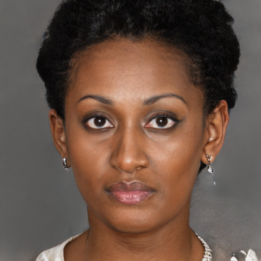 Neutral black young-adult female with short  brown hair and brown eyes