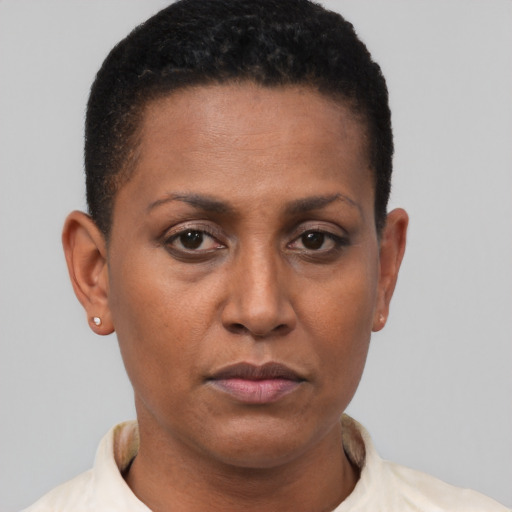 Neutral latino adult female with short  brown hair and brown eyes