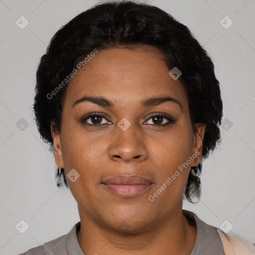 Neutral black young-adult female with short  black hair and brown eyes