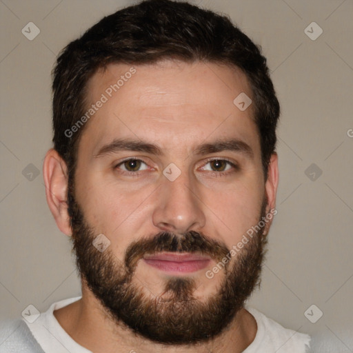 Neutral white young-adult male with short  brown hair and brown eyes