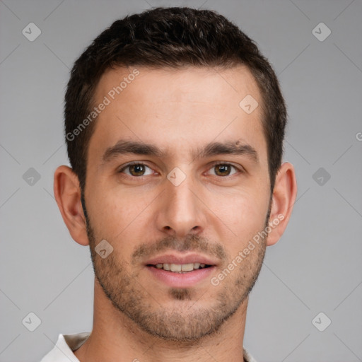 Neutral white young-adult male with short  brown hair and brown eyes