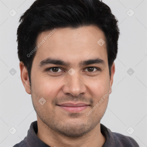 Joyful white young-adult male with short  black hair and brown eyes