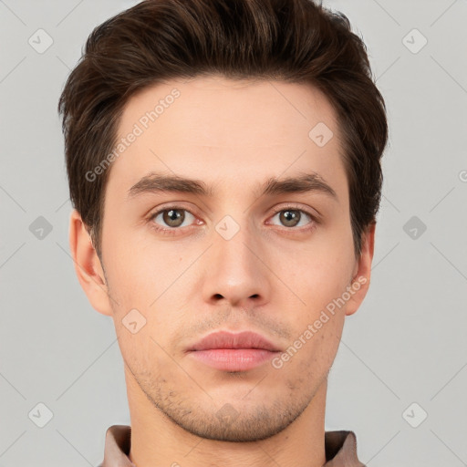 Neutral white young-adult male with short  brown hair and brown eyes