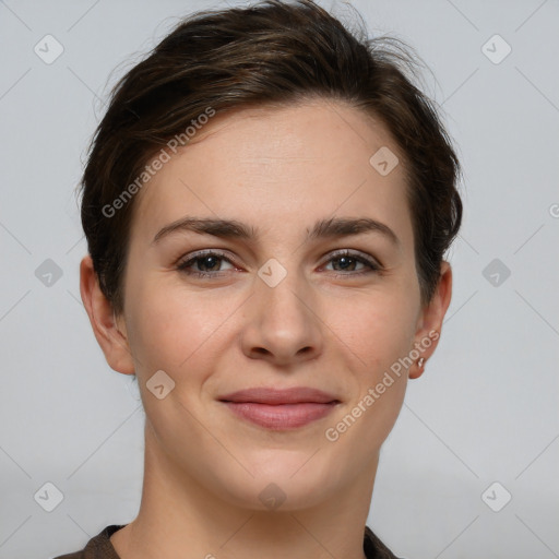 Joyful white young-adult female with short  brown hair and brown eyes